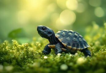 Obraz premium Close-Up of a Young Turtle Crawling Through Lush Green Moss in a Natural Environment Under Soft Sunlight with a Blurred Background