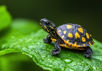 Obraz premium Close-Up of a Young Turtle with Vibrant Yellow and Black Shell Resting on a Leaf with Dew Droplets in a Lush Green Environment