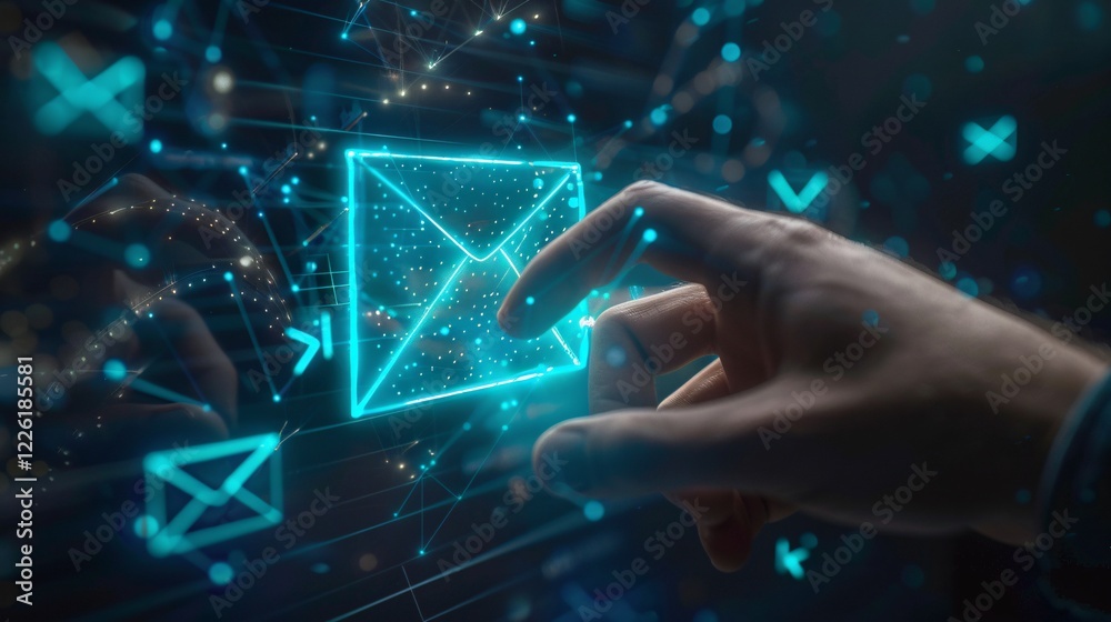 Poster businessman touching futuristic holographic email icon with network and connection lines