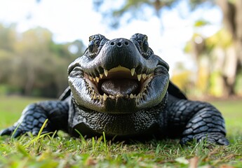 Obraz premium Close-Up of an Alligator Snapping Turtle Grinning in a Natural Habitat Surrounded by Lush Green Grass and Soft Background Elements
