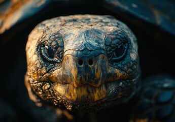 Fototapeta premium Close-up of an Intricate Tortoise Face with Detailed Textures and Distinctive Features Captured in Natural Light