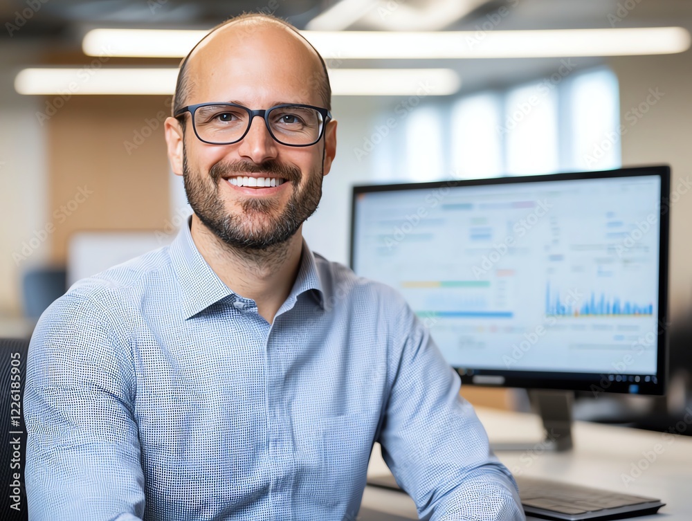 Poster a professional man smiles confidently while seated in a modern office environment with a computer di