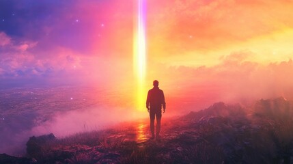 Obraz premium Man contemplates cosmic beam, sunset, mountains, hope, fantasy art