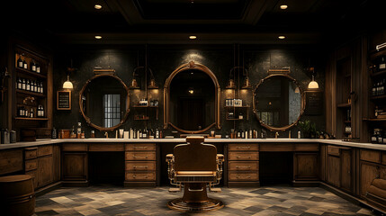 Luxurious Dark Wood Barbershop Interior with Gold Accents