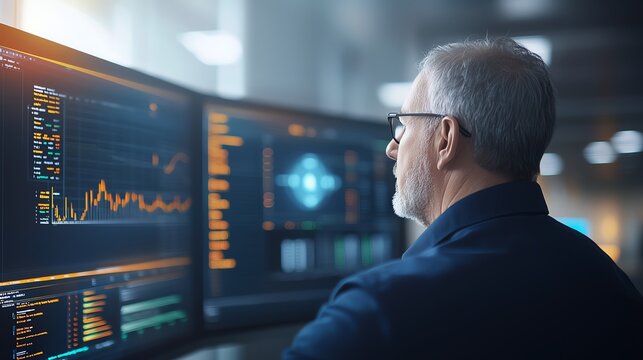 A senior analyst examines data on multiple screens, focused on financial trends and statistics in a modern office environment