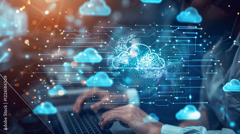 Poster Businessman working on laptop with global cloud computing concept and a network of connections