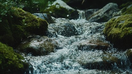 Mountain stream flows over mossy rocks, nature background, tranquil scene