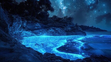 Fototapeta premium Bioluminescent Bay Night Seascape, Starry Sky, Coastal Rocks