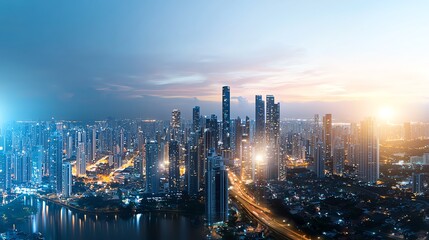 Fototapeta premium A stunning panoramic view of a modern city skyline at dusk, showcasing tall skyscrapers illuminated with vibrant lights, blending urban sophistication with serene reflections on th