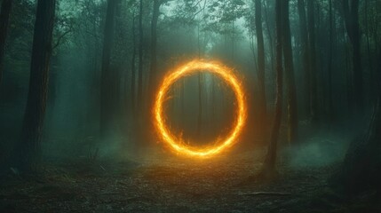 Obraz premium Fiery portal in misty forest; fantasy backdrop