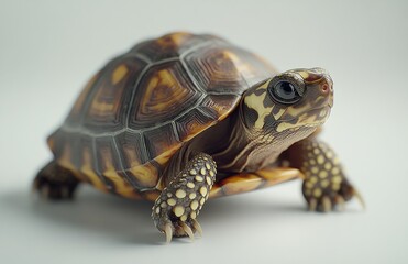 Obraz premium Close-up View of a Beautiful Turtle on a Soft Light Background, Showcasing the Unique Shell Patterns and Adorable Features of This Reptile Species