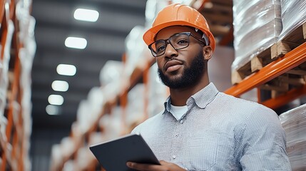 A warehouse worker in an orange hard hat and glasses, holding a tablet while overseeing inventory management amid a backdrop of neatly stacked pallets in a well-lit environment.