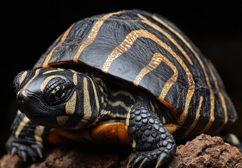 Obraz premium Close-up View of a Colorful Turtle with Striped Shell Resting on Rocky Surface in Natural Habitat, Captured in High Detail for Wildlife Photography
