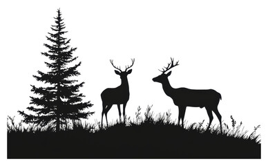 Deer silhouette beside evergreen tree on hillside isolated on transparent background