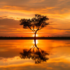 Fototapeta premium Tranquil Sunset Silhouette and Orange Sky Reflections