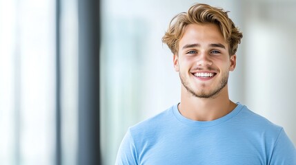A young man with a friendly smile is standing in a modern, bright environment. His relaxed demeanor and casual attire add to the welcoming atmosphere of the space around him.