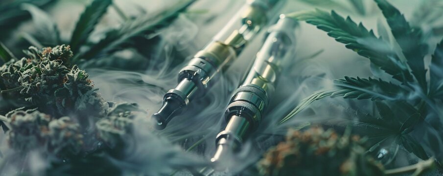 Two e-cigarette pens are encircled by cannabis buds and vapor