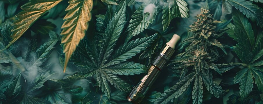 Golden cannabis vape pen emitting smoke, resting on a bed of vibrant green marijuana leaves