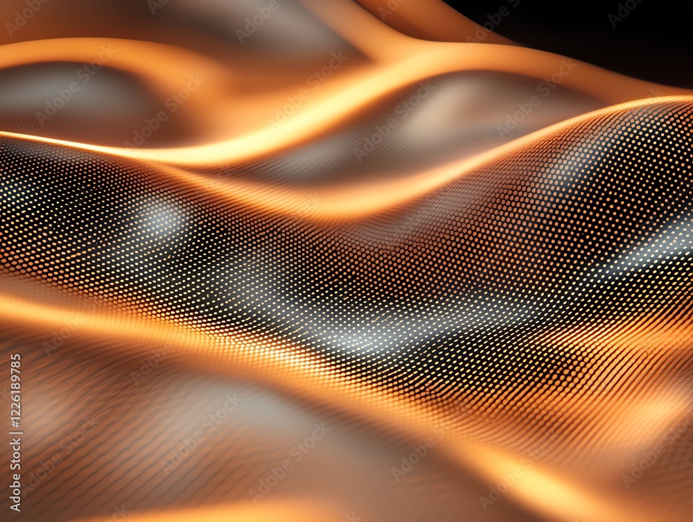 Poster abstract image of flowing metallic waves with fluid motion and dynamic textures. the warm tones crea