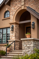 Fototapeta premium Luxury House Exterior: Stone and Brick Facade Design. Modern Home Architecture, Residential Property Entrance, Real Estate