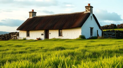 Obraz premium A charming thatched cottage sits peacefully in lush green fields, framed by a serene rural landscape. The setting sun casts a warm glow, creating a picturesque scene