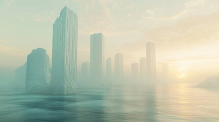 Mystical ice city sunrise, calm sea, fog