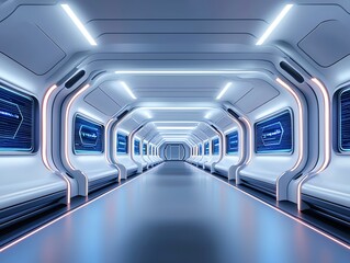 Obraz premium Futuristic corridor with sleek design, illuminated by soft blue lighting and modern screens. This environment is ideal for concepts related to innovation and advanced technology.
