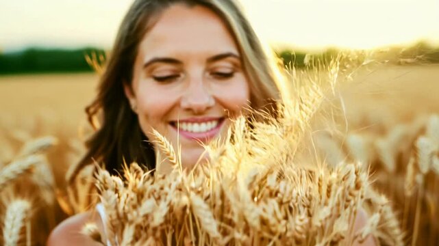 4k video of a woman in a wheat field.