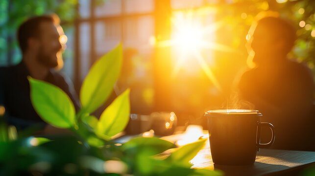 Two friends enjoy a warm moment together with coffee in hand, surrounded by lush greenery and bright sunlight, creating an inviting and relaxed atmosphere for conversation.