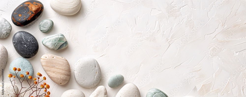 Poster white background with copy space adorned with a pattern of natural sea stones and dried flowers