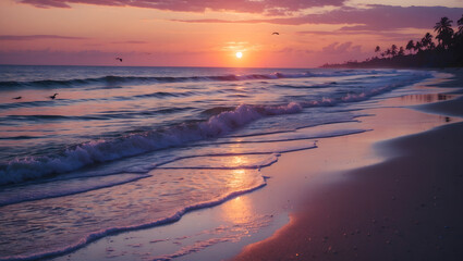 Golden sunset illuminating ocean waves, beach, and glowing scenery. Perfect for nature, travel, coastal, and relaxation concepts.