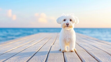 Fluffy white dog on beach pier at sunrise, calm ocean background; pet portrait