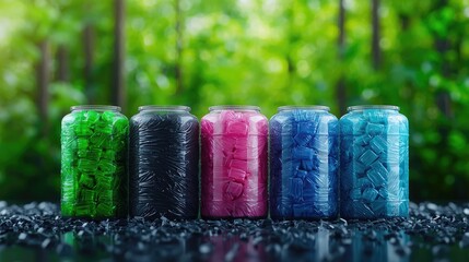 Colorful cubes in jars, forest background, recycling concept, eco-friendly packaging