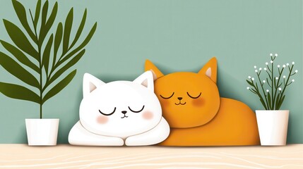 Cute Cartoon Cats Sleeping Peacefully with Indoor Plants