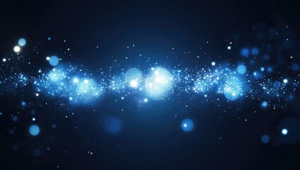 Fototapeta premium Dark blue background with glowing particles and bokeh lights, glittering dust on a dark blue background, abstract motion design for a presentation