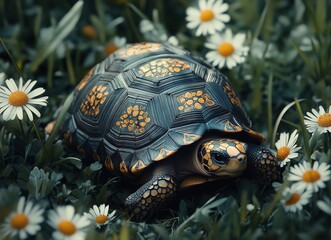 Obraz premium Colorful Tortoise Crawling on Green Grass Surrounded by White Daisies in a Vibrant Natural Setting