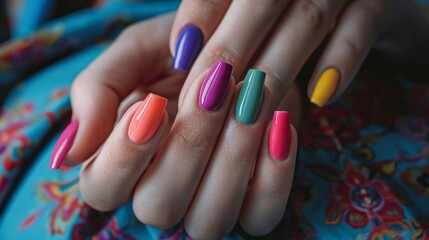 Woman showing her colorful nail polish manicure