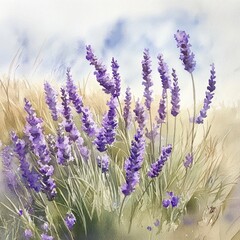 Fototapeta premium A tranquil lavender field is bathed in sunlight, swaying gently in the summer breeze, creating a peaceful and calming scene filled with fragrant blooms.