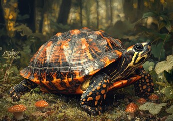 Obraz premium Colorful turtle on forest floor surrounded by greenery and mushrooms, showcasing intricate shell patterns and natural habitat beauty in a serene woodland setting