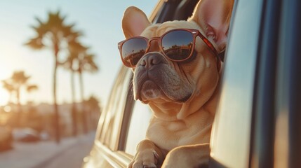 French bulldog enjoying a sunny ride with sunglasses by the window