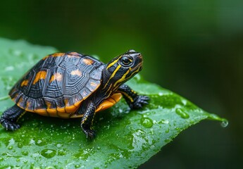 Obraz premium Colorful turtle resting on a lush green leaf surrounded by raindrops, showcasing nature's beauty and wildlife in a serene environment