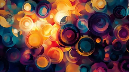 A vibrant abstract with colorful overlapping circles evoking emotions and energy. The rich, diverse palette blends together creating dynamic and thoughtful imagery.