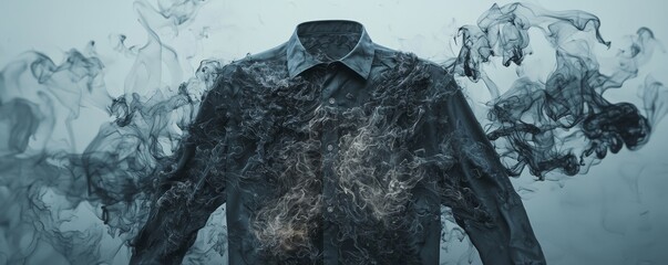 Fototapeta premium Surreal representation of a burned shirt with smoke transforming into abstract shapes, set in a dreamlike environment of distorted household objects