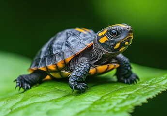 Fototapeta premium Colorful turtle resting on a vibrant green leaf in a lush environment showcasing the beauty of nature and wildlife with vivid detail and clarity
