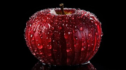 Red apple, water droplets, black background, studio shot, food photography