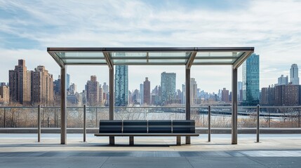 Fototapeta premium Urban bus stop bench reinforced with sleek metal railings, set against a gritty city backdrop, its design evoking themes of control and public order