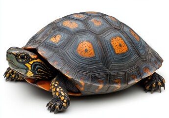 Fototapeta premium Colorful turtle with intricate shell patterns resting calmly on a clean white surface, showcasing vibrant orange and black hues on its body and head.