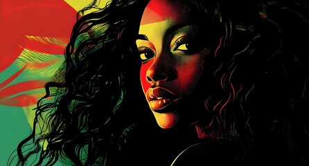 Fototapeta premium Black History Month background. African-american woman face in profile over red yellow green black colors background. Juneteenth freedom day. Racial equality, freedom, human rights day