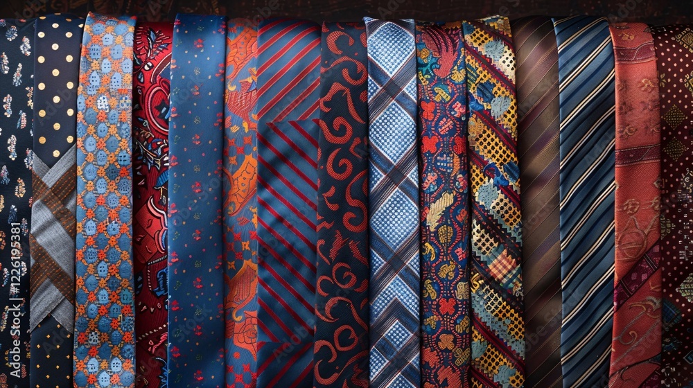 Aufkleber many colorful and patterned neckties hanging on a rustic wooden background