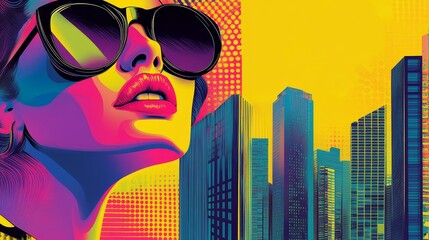 A vivid pop art style illustration of a fashionable individual in sunglasses, set against a colorful urban cityscape with high-rise buildings under a yellow sky.